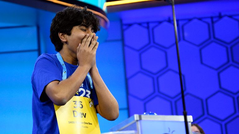 Dev Shah, 14, from Largo, Fla., reacts as he wins the Scripps National Spelling Bee finals. Pic: AP