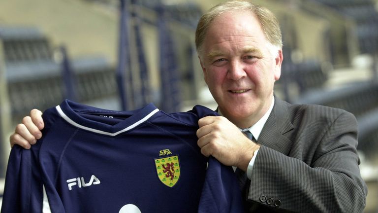 Scotland Football Manager Craig Brown shows off the new Scotland strip after announcing the team for the upcoming game against Latvia on 2nd September at a press conference at Glasgow&#39;s Hampden Park.