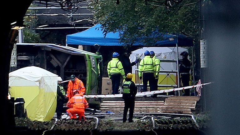 Work continues after a tram derailed and overturned Wednesday in Croydon, south London, killing at least seven people. PRESS ASSOCIATION Photo. Picture date: Thursday November 10, 2016. See PA story POLICE Croydon. Photo credit should read: Steve Parsons/PA Wire