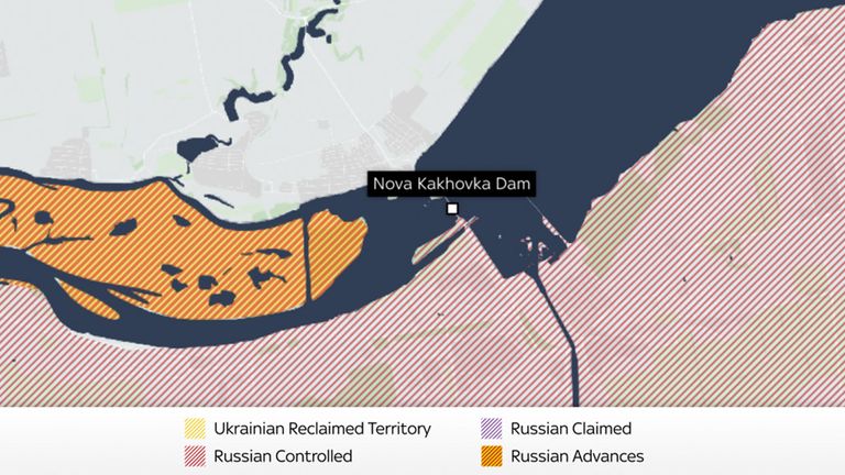 The Russian-controlled dam runs across Ukraine&#39;s enormous Dnieper river, which divides Russian-occupied and Ukrainian-held Kherson.