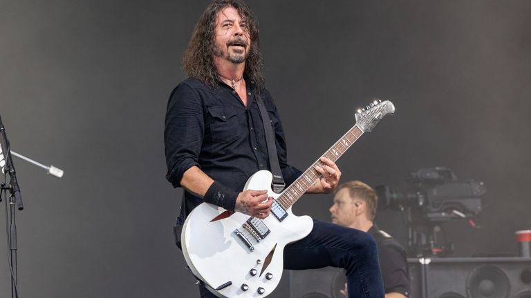 Foo Fighters frontman Dave Grohl on stage at Glastonbury. Pic: Anna Barclay
