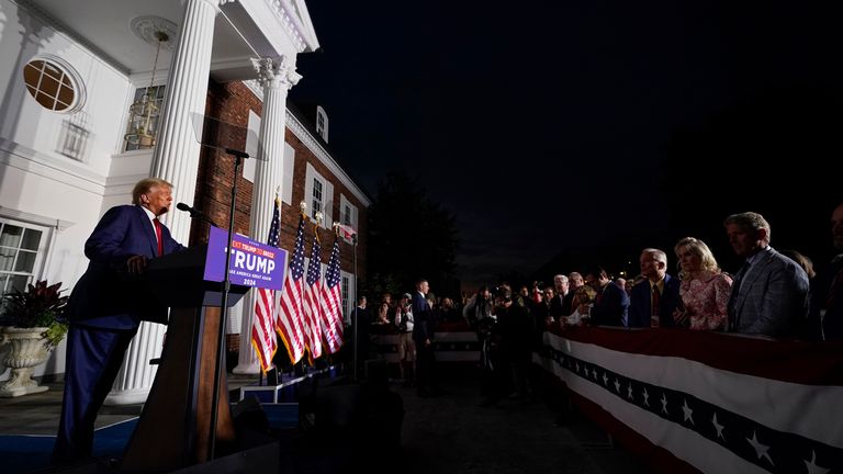 Former President Donald Trump speaks at Trump National Golf Club in Bedminster, N.J., Tuesday, June 13, 2023, after pleading not guilty in a Miami courtroom earlier in the day to dozens of felony counts that he hoarded classified documents and refused government demands to give them back. (AP Photo/Andrew Harnik)