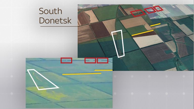 A verified video showing evidence of fighting in Donetsk can be geo-located to the same area as the reported offensive, based on distinctive landmarks and fields seen in satellite imagery 