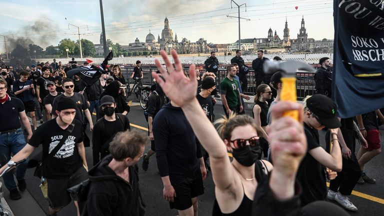 Left-wing demonstrators gather in Dresden, Germany following the conviction of Lina E. Pic: AP