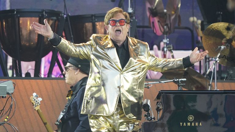 Elton John performing on the Pyramid Stage at the Glastonbury Festival at Worthy Farm in Somerset. Picture date: Sunday June 25, 2023.