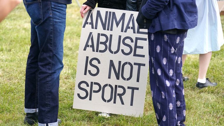 Animal rights protest group Animal Rising outside the entrance of the race course ahead of the Derby Day of the 2023 Derby Festival at Epsom Downs Racecourse, Epsom. Picture date: Saturday June 3, 2023.