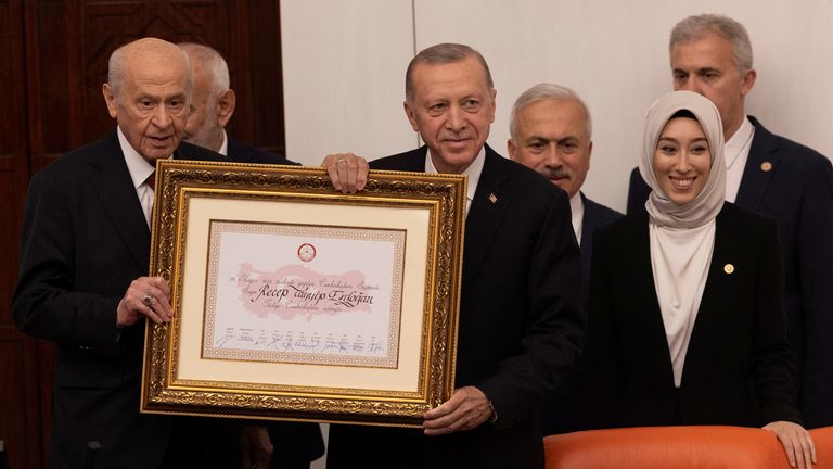 Erdogan receives his election mandate from Turkey&#39;s parliamentary speaker in Ankara