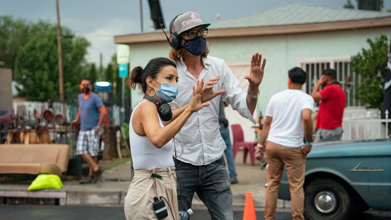 Director Eva Longoria and DP Federico Cantini on set of FLAMIN... HOT. Pic:  Courtesy of Searchlight Pictures.