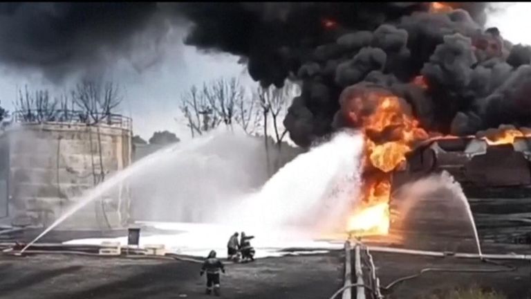 Firefighters battle blaze at oil depot