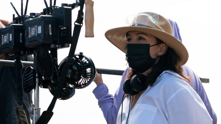 Eva Longoria on set of FLAMIN' HOT. Pic: Courtesy of Searchlight Pictures