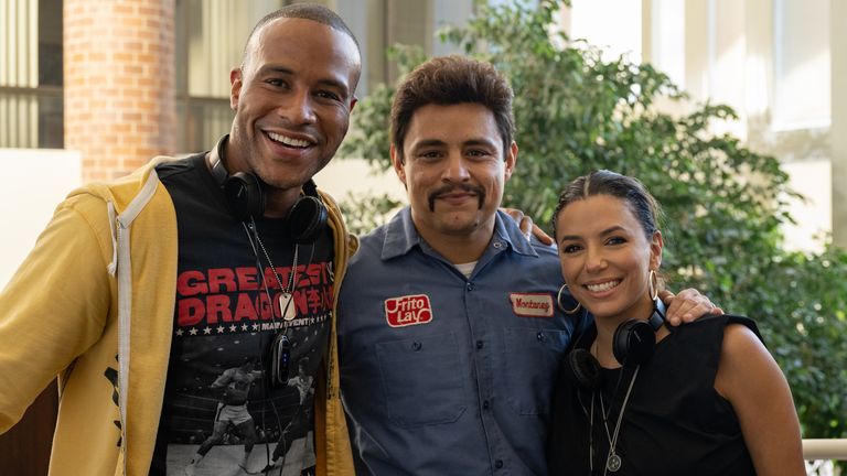 DeVon Franklin, Jesse Garcia, and Eva Longoria on the set of FLAMIN' HOT. Pic Courtesy of Searchlight Pictures.