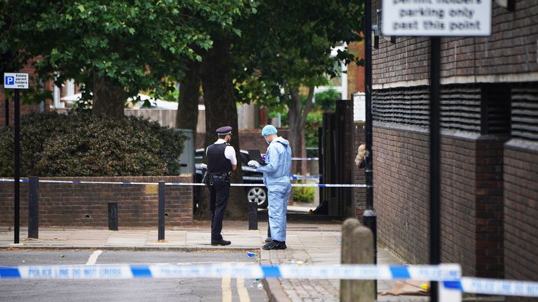 Forensic officers in Elthorne Road, Islington, London after a man and a teenager have been stabbed to death on Thursday sparking a double murder probe. Picture date: Friday June 30, 2023. PA Photo. See PA story POLICE Islington. Photo credit should read: Lucy North/PA Wire 
