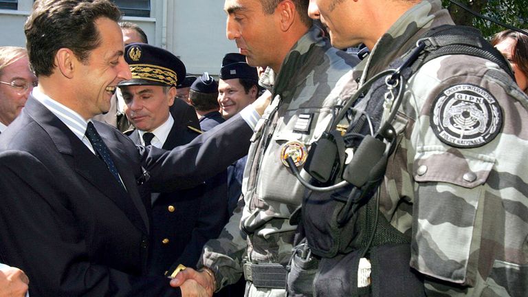 Nicolas Sarkozy meets French riot police in Perpignan southern France in 2005 