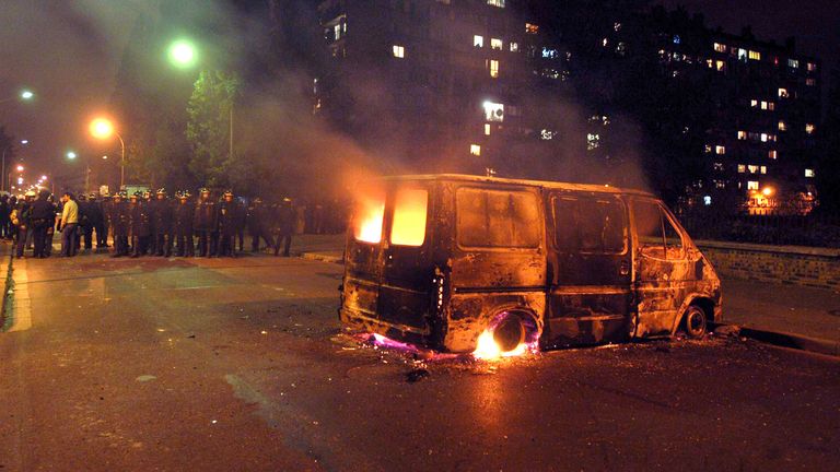 A burnt out van in Clichy-sous-Bois near Paris in 2005