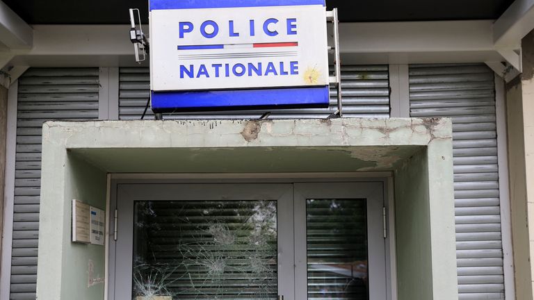 A view shows the police station near the city hall of Mons-en-Bar?ul, damaged during night clashes between protesters and police, following the death of Nahel, a 17-year-old teenager killed by a French police officer in Nanterre during a traffic stop, in Mons-en-Baroeul, near Lille, northern France, June 29, 2023. REUTERS/Pascal Rossignol