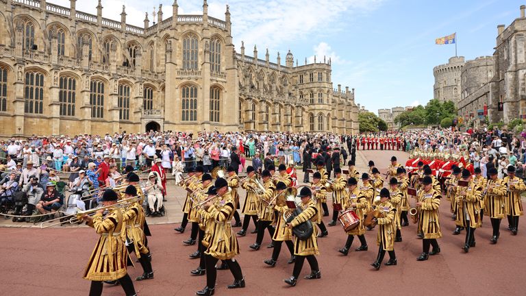 The Band of the Household Cavalry, parade towards St George&#39;s Chapel to attend the annual Order of the Garter Service at, Windsor Castle, Berkshire. Picture date: Monday June 19, 2023.
