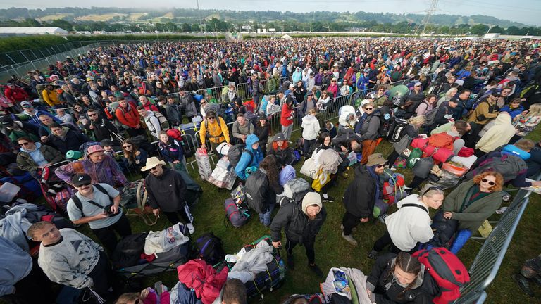 People queue for entry ahead of the Glastonbury Festival at Worthy Farm in Somerset. Picture date: Wednesday June 21, 2023. PA Photo. See PA story SHOWBIZ Glastonbury. Photo credit should read: Yui Mok/PA Wire