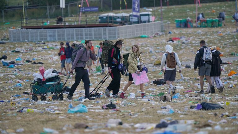 People seen leaving the Glastonbury Festival at Worthy Farm in Somerset. Picture date: Monday June 26, 2023.