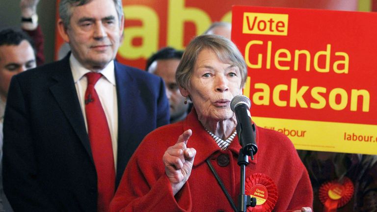 Prime Minister Gordon Brown listens as former actress and Labour Party MP Glenda Jackson speaks during a party meeting in a pub in Kilburn 