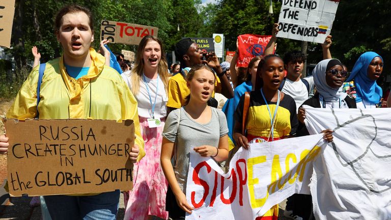 Greta Thunberg joins a protest march in front of the WCCB Conference Centre in Bonn, Germany 