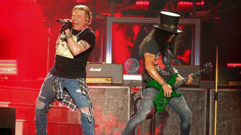 Guns N' Roses' Axl Rose, left, and Slash perform on the first weekend of the Austin City Limits Music Festival at Zilker Park in Austin, Texas. Pic: Jack Plunkett/Invision/AP


