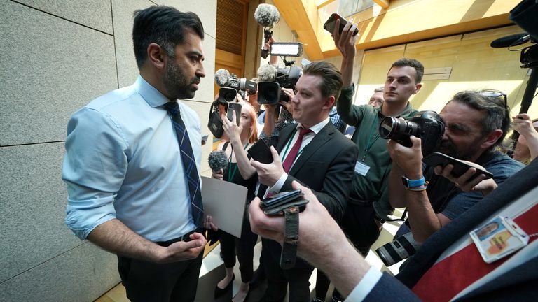 First Minister Humza Yousaf speaks to the media after an SNP group meeting at the Scottish Parliament in Holyrood, Edinburgh. Picture date: Tuesday June 13, 2023.