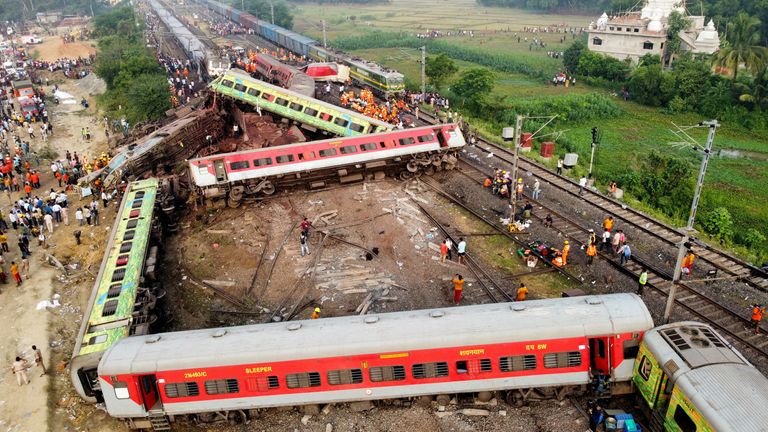 A drone view shows coaches derailed after two passenger trains collided in Balasore district in India's eastern state of Odisha June 3, 2023. REUTERS/Stringer NO RESALE.  NO ARCHIVES.  TPX IMAGES OF THE DAY