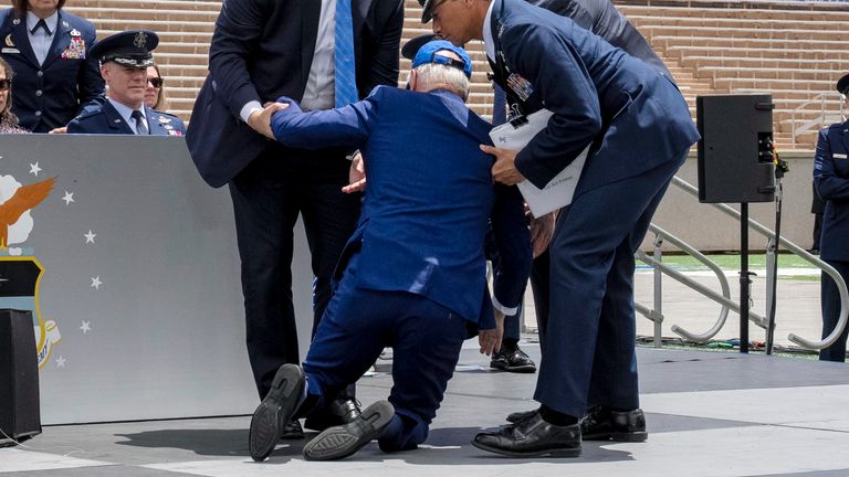 President Joe Biden falls on stage in Colorado. Pic: AP