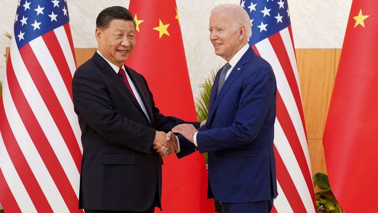FILE PHOTO: U.S. President Joe Biden shakes hands with Chinese President Xi Jinping as they meet on the sidelines of the G20 leaders&#39; summit in Bali, Indonesia, November 14, 2022. REUTERS/Kevin Lamarque/File Photo
