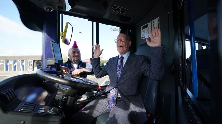 Minister for Transport Kevin Stewart (right) and Stuart Doidge with one of the new buses on show at the Traffic Scotland National Control Centre in South Queensferry, during the launch of the UK&#39;s first autonomous bus service. A fleet of five Alexander Dennis Enviro200AV vehicles will cover a 14-mile route, in mixed traffic, at up to 50mph across the Forth Road Bridge near Edinburgh. Picture date: Thursday May 11, 2023.