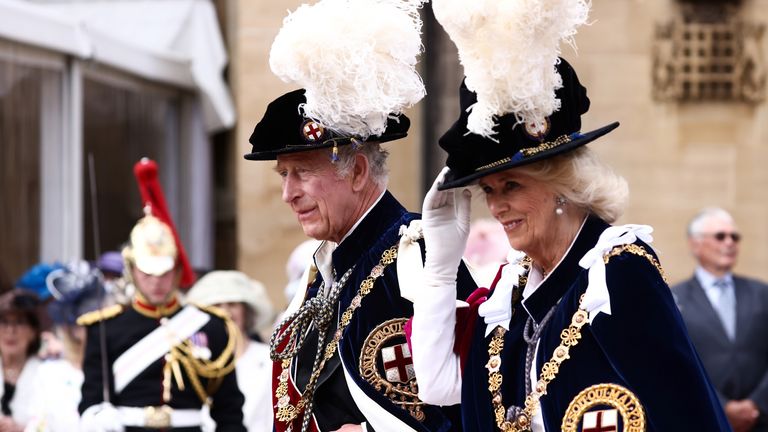 King Charles III and Queen Camilla attend the annual Order of the Garter Service at St George&#39;s Chapel, Windsor Castle, Berkshire. Picture date: Monday June 19, 2023.