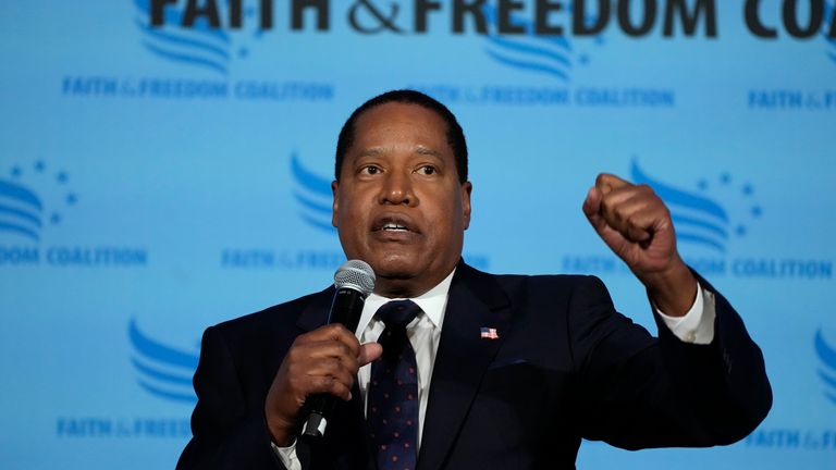 FILE - Republican presidential candidate radio show host Larry Elder speaks during the Iowa Faith and Freedom Coalition Spring Kick-Off Saturday, April 22, 2023, in Clive, Iowa. (AP Photo/Charlie Neibergall, File)