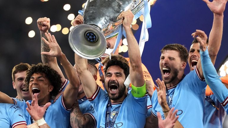 Manchester City&#39;s Ilkay Gundogan lifts the UEFA Champions League Trophy