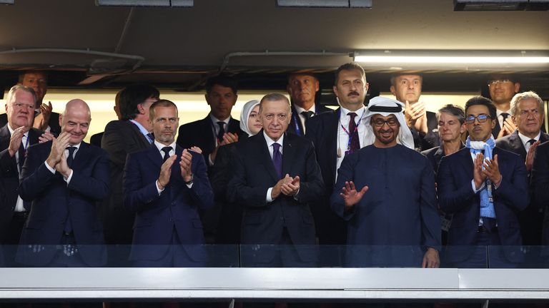  Sheikh Mansour of Abu Dhabi  (R) pictured with  President of Turkey Recep Tayyip Erdogan and FIFA president Gianni Infantino.