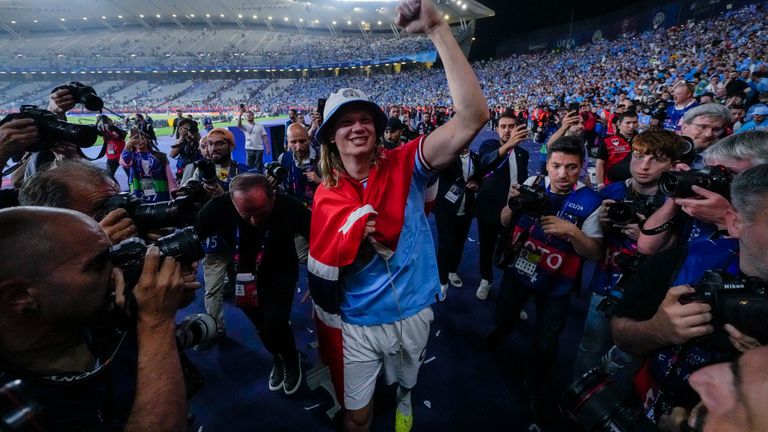 Manchester City&#39;s Erling Haaland celebrates after winning the Champions League final match. Pic: AP