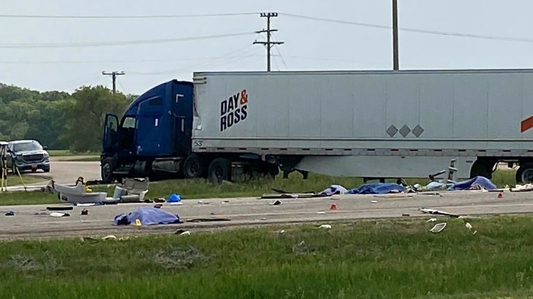 EDS NOTE: GRAPHIC CONTENT - This photo shows the scene of a major collision that has closed a section of the Trans-Canada Highway near Carberry, Manitoba  on Thursday June 15, 2023. 