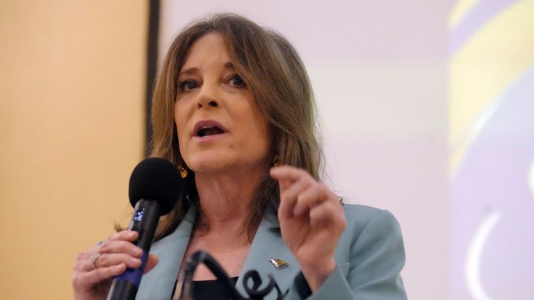 Democratic presidential hopeful Marianne Williamson addresses the South Carolina Democratic Party Black Caucus&#39; Sunday Dinner, Sunday, March 26, 2023, in West Columbia, S.C. Williamson is kicking off a four-day campaign swing through South Carolina, which holds the first Democratic presidential primary in 2024. (AP Photo/Meg Kinnard)