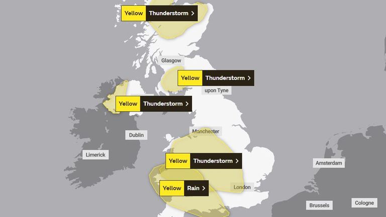 The Met Office has issued yellow weather warnings for thunderstorms and rain across much of the UK