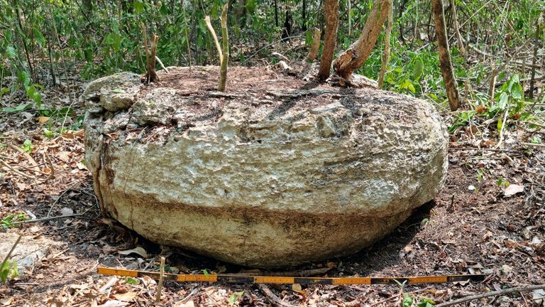 A view shows a part of a stone from an altar after archaeologists from Mexico&#39;s National Institute of Anthropology and History (INAH) discovered an ancient Mayan city inside the Balamku ecological reserve in Campeche state, Mexico in this photo released and distributed by Mexico&#39;s National Institute of Anthropology and History on June 20, 2023. Mexico&#39;s National Institute of Anthropology and History/Handout via REUTERS THIS IMAGE HAS BEEN SUPPLIED BY A THIRD PARTY. NO RESALES. NO ARCHIVES