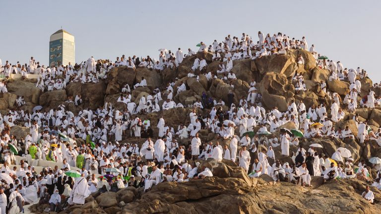 Muslim pilgrims gather on the Mount of Mercy at the plain of Arafat during the annual haj pilgrimage, outside the holy city of Mecca, Saudi Arabia, June 27, 2023. REUTERS/Mohamed Abd El Ghany
