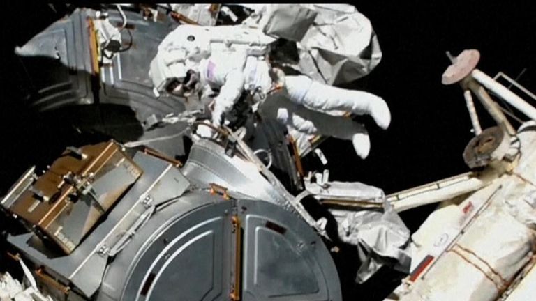 ISS astronauts install solar arrays