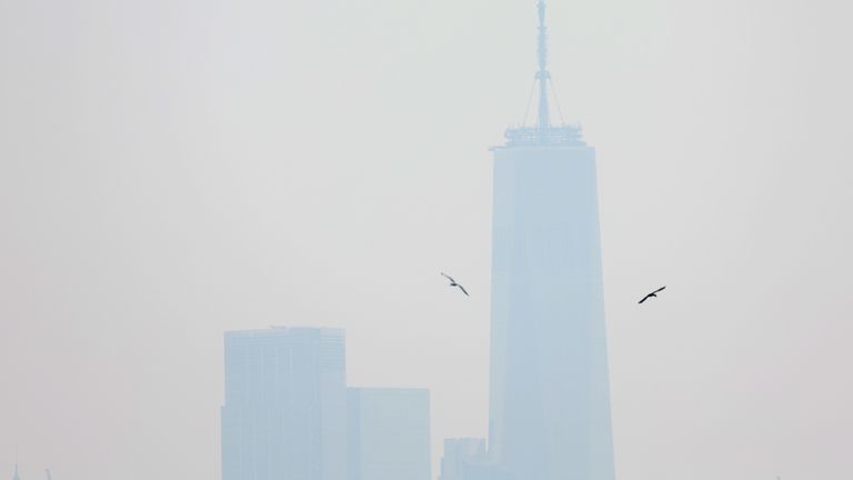 The One World Trade Center tower in lower Manhattan is shrouded in haze and smoke which drifted south from wildfires in Canada, in New York City, New York, U.S., June 6, 2023. REUTERS/Mike Segar TPX IMAGES OF THE DAY
