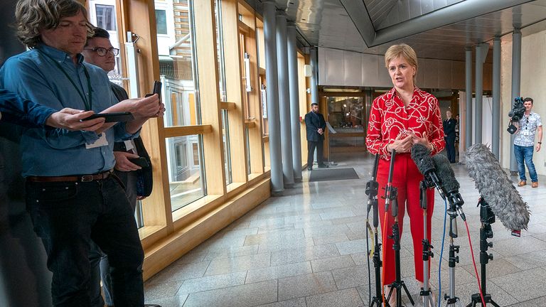 Former first minister of Scotland Nicola Sturgeon speaks to the media on her return to the Scottish Parliament in Holyrood, Edinburgh, following her arrest in the police investigation into the SNP&#39;s finances. Picture date: Tuesday June 20, 2023. PA Photo. See PA story POLITICS SNP. Photo credit should read: Jane Barlow/PA Wire