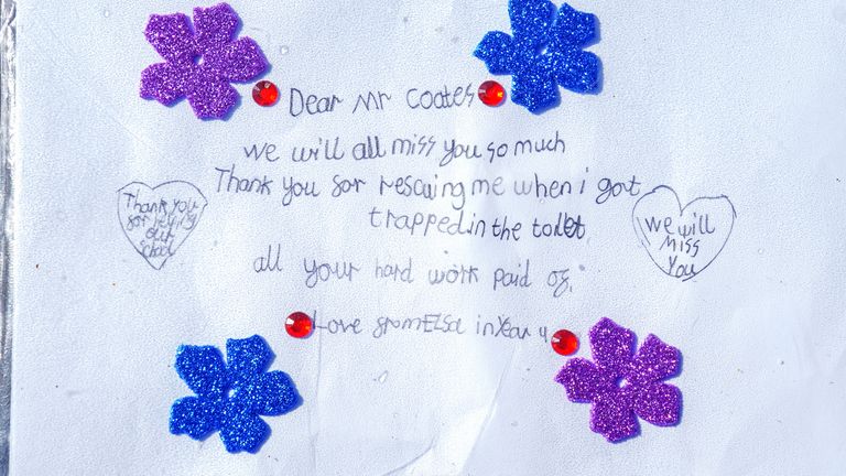 A message left at Magdala Road in Nottingham, from from a school pupil for school caretaker Ian Coates, 65, who was found fatally stabbed. Two 19-year-old students Barnaby Webber and Grace O&#39;Malley-Kumar, along with Mr Coates were stabbed to death before the attacker attempted to run over three people in Nottingham, on Tuesday morning. Picture date: Thursday June 15, 2023.