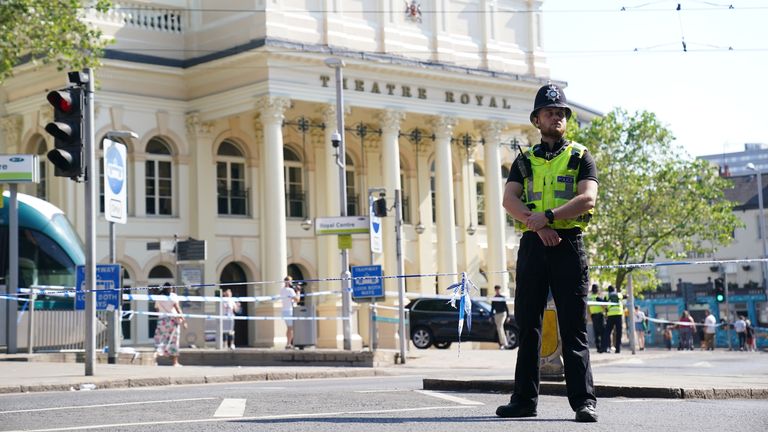 Police officers in Nottingham city centre, as police have put in place multiple road closures in Nottingham as officers deal with an ongoing serious incident. The Nottingham Express Transit (NET) tram network said it has suspended all services due to "major police incidents around the city and suburbs". Picture date: Tuesday June 13, 2023.