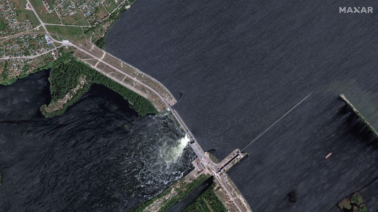 A satellite image shows Nova Kakhovka Dam in Kherson region, Ukraine June 5, 2023. Maxar Technologies/Handout via REUTERS THIS IMAGE HAS BEEN SUPPLIED BY A THIRD PARTY. NO RESALES. NO ARCHIVES. MUST NOT OBSCURE LOGO.