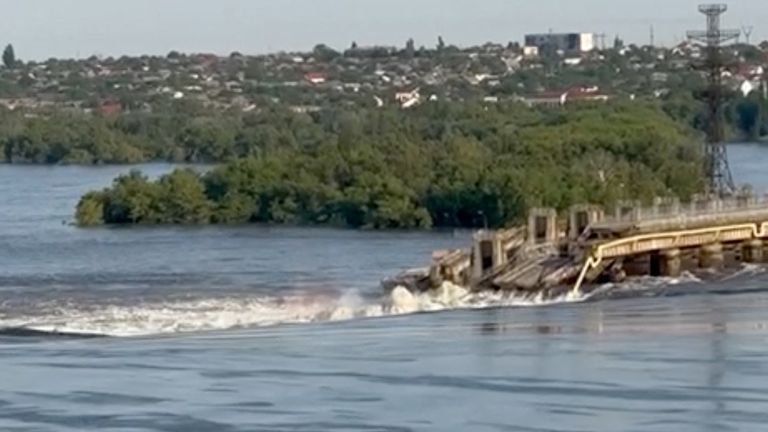A general view of the Nova Kakhovka dam that was breached in Kherson region, Ukraine June 6, 2023 in this screen grab taken from a video obtained by Reuters/via REUTERS    THIS IMAGE HAS BEEN SUPPLIED BY A THIRD PARTY. NO RESALES. NO ARCHIVES.