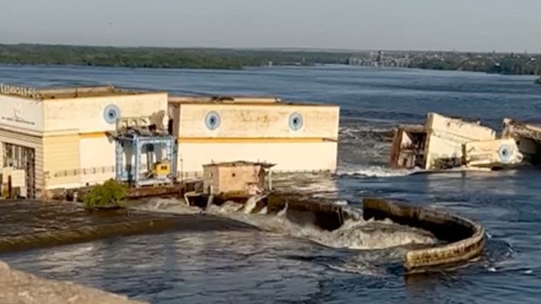Damaged buildings are seen as the Nova Kakhovka dam was breached in Kherson region, Ukraine June 6, 2023 in this screen grab taken from a video obtained by Reuters/via REUTERS    THIS IMAGE HAS BEEN SUPPLIED BY A THIRD PARTY. NO RESALES. NO ARCHIVES.
