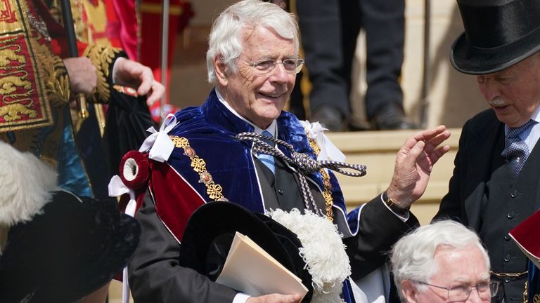Sir John Major departs the annual Order of the Garter Service at St George&#39;s Chapel, Windsor Castle, Berkshire. Picture date: Monday June 19, 2023.