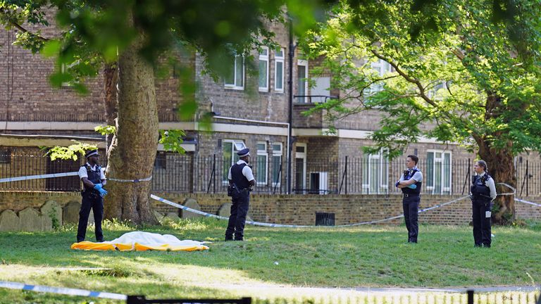 Police officers at the scene in Paddington Green in London, after a boy was stabbed to death. Emergency services including an air ambulance rushed to the scene but despite the efforts of paramedics he was pronounced dead. Picture date: Monday June 19, 2023.